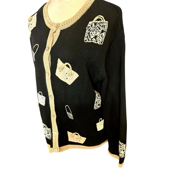 Vintage Talbot Black Tan Beaded Embroidered Handbag Cardigan Ugly Sweater 1X - Picture 3 of 9